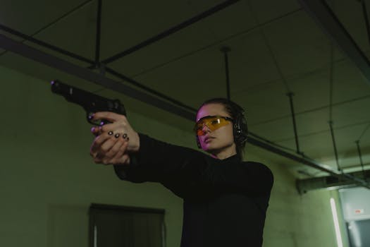 Woman aiming a handgun indoors with protective gear at a shooting range.